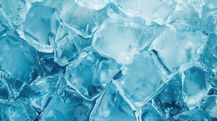 A close-up image of ice cubes, capturing the intricate, shiny surfaces and cool blue hues of frozen water.