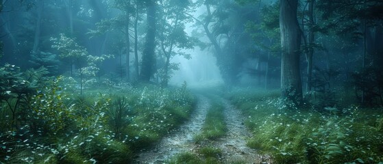 Obraz premium Serene image of a foggy forest path, with mystical atmosphere and soft light, perfect for fantasy and nature themes