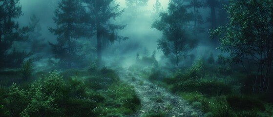 Obraz premium Serene image of a foggy forest path, with mystical atmosphere and soft light, perfect for fantasy and nature themes