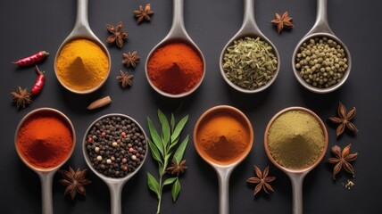 Spices on a dark table background. Illustration of colorful spices with copy space for text. Herbs and spices for cooking on dark background. 