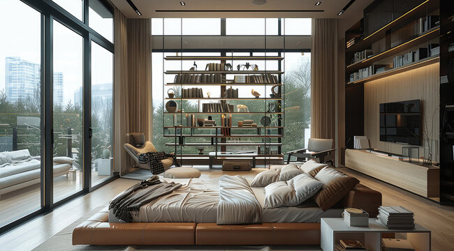 Interior, Furniture showroom, modern minimalist style, leather sofa, double bed, floor-to-ceiling windows, 5-meter ceiling height. Generative AI.