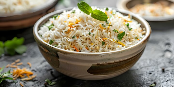 Freshly cooked basmati rice in flavorful Indian biryani dish. Concept Indian Cuisine, Basmati Rice, Biryani Recipe, Flavorful Spices, Traditional Ingredients