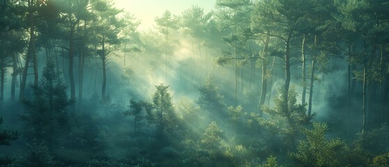 Obraz premium Serene image of a misty forest in the morning, with sunlight filtering through the trees, perfect for nature and calm themes