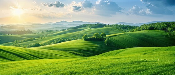 Obraz premium Serene image of a rolling countryside landscape, with green fields and a blue sky, perfect for pastoral themes