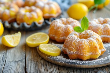 Small lemon cakes topped with sugar and lemon on rustic wood Close up natural lighting