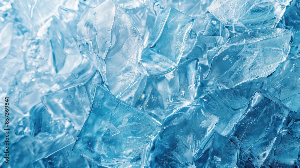 Poster a macro photograph capturing the intricate texture of ice cubes.