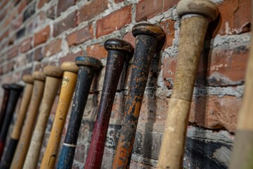 Several vintage baseball bats aligned against an old brick wall