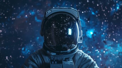 Astronaut with galaxy reflection in helmet, outer space exploration. Space travel and adventure concept