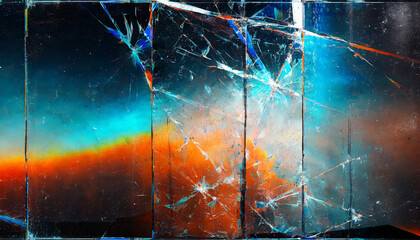 orange blue texture of broken display glass, cracks and dust glitch, background banner web design