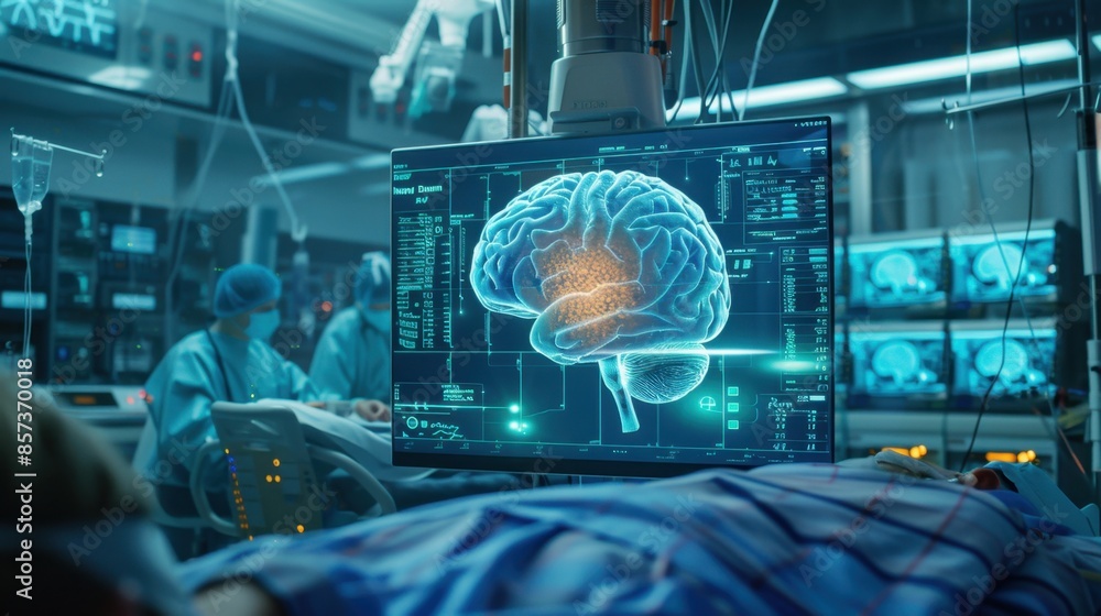 Aufkleber a patient lies on a bed in an operating room with a monitor displaying a 3d model of a brain with gl