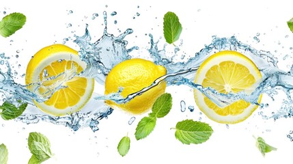 Three lemons, one whole and two sliced, splash in water with sprigs of mint.