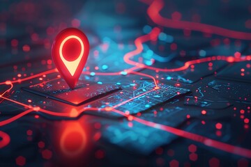 Glowing location pin on a futuristic digital map