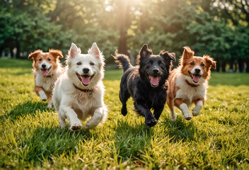 Cute funny dogs group running and playing on green grass in park
