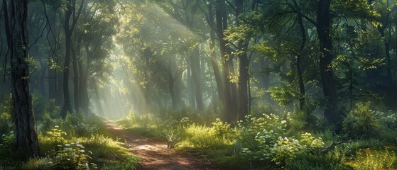 Fototapeta premium Serene forest path with sunlight streaming through the trees