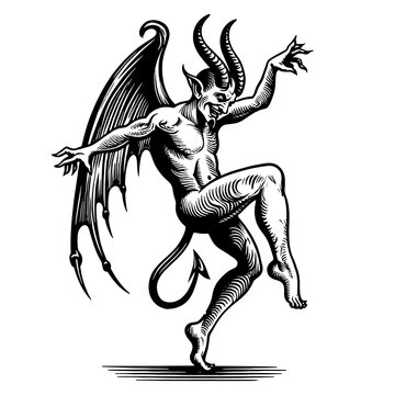 dancing devil with horns and tail, showcasing a mischievous and playful character sketch engraving generative ai fictional character PNG illustration. Scratch board imitation. Black and white image