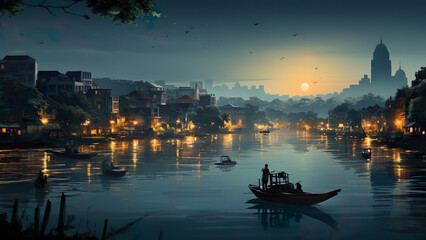 Fototapeta premium Hanoi - Vietnam, Asia, City, Cartoon, Poster Style