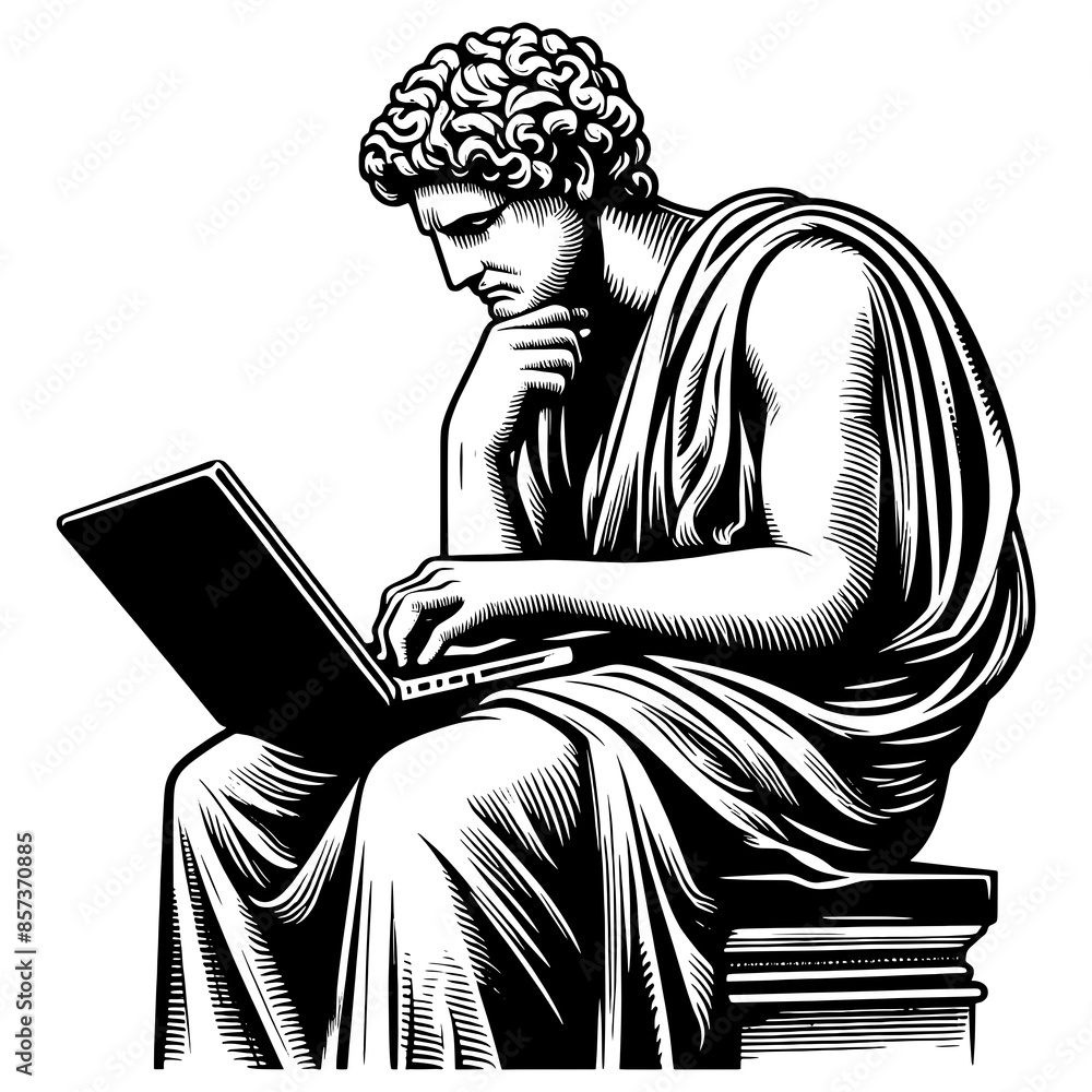 Poster classical statue using a laptop, blending ancient art with modern technology sketch engraving genera