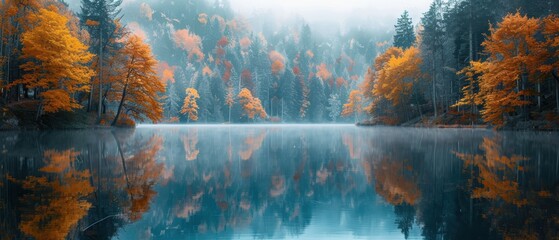 Serene lake surrounded by autumn trees in full color