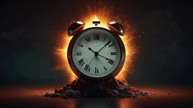 Retro clock with explosions behind it, time running out concept, 4k High-Quality Animation Video