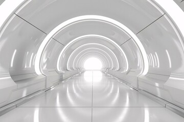 A sleek, futuristic white tunnel with arched, illuminated panels that create a bright, symmetrical space, leading towards a blinding light at the end.