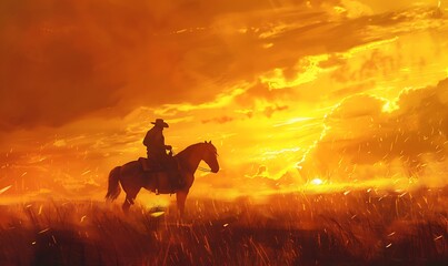 A striking digital painting of a cowboy's silhouette riding a horse against a golden sunset, capturing the timeless essence of the Wild Wes