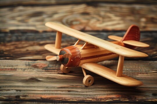 Wooden airplane model on vintage brown background Educational toy for young children made of wood