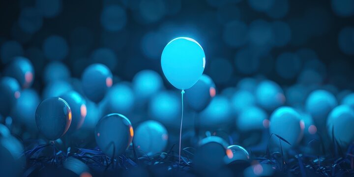 Single glowing blue balloon standing out in a crowd of balloons, illuminated against a dark, blurry background, symbolizing uniqueness and individuality.