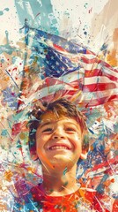 Smiling boy holding flag, celebrating 4th of July, closeup, bright and festive, joyful and patriotic, generative AI