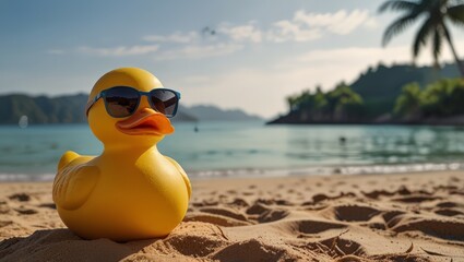 Rubber duck facing the camera wearing sunglasses  sitting on the sand with coconut tres and beach. 
