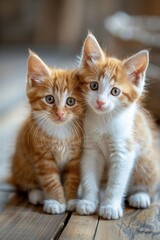 Orange and white kittens on a wooden floor, sitting close together, warm and soft lighting, eyelevel shot, focus on their cute expressions