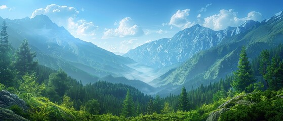 Serene mountain landscape with a clear blue sky and lush green forest