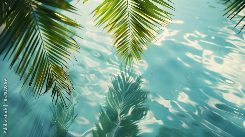 Poster a serene pool of turquoise water is adorned by the reflection of palm fronds, creating a captivating