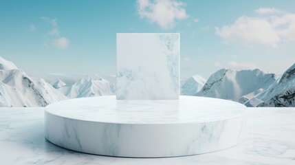Frozen landscape with a 3D ice podium, winter snow and mountain background, cool white stand for products, minimal glacier rock scene under a blue sky, ideal for cosmetic display