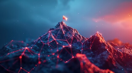 Futuristic digital network landscape with glowing connections and flag atop a peak, symbolizing technology and achievement.
