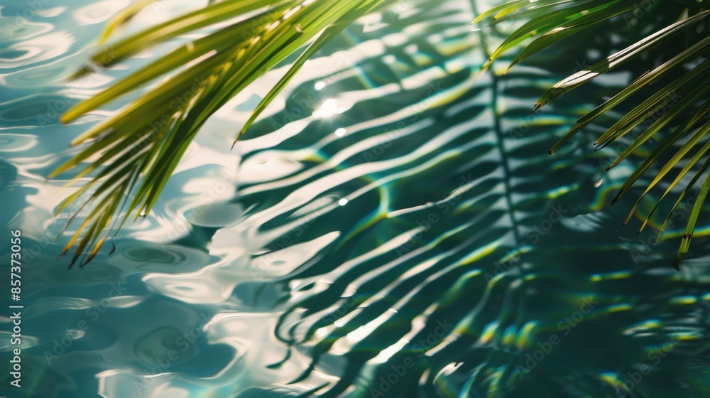 Poster a close-up of palm leaves casting their shadows on the surface of rippling water, creating a mesmeri