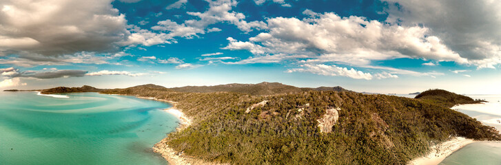 Whitehaven Beach aerial view. Panorama from a drone viewpoint. Whitsunday Islands, Australia