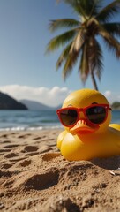 Rubber duck facing the camera wearing sunglasses  sitting on the sand with coconut tres and beach. 