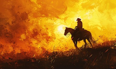 Fototapeta premium A striking digital painting of a cowboy's silhouette riding a horse against a golden sunset, capturing the timeless essence of the Wild Wes