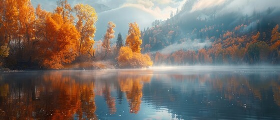 Serene river with autumn colors and morning mist