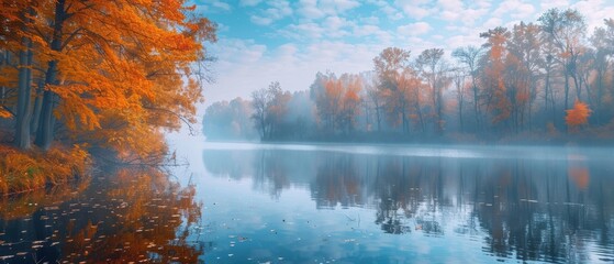 Fototapeta premium Serene river with autumn foliage and morning mist
