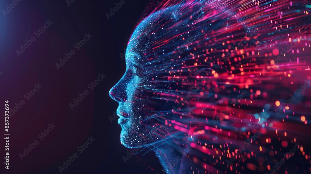 Poster digital futuristic human head concept with neural network and technology integration, showcasing art