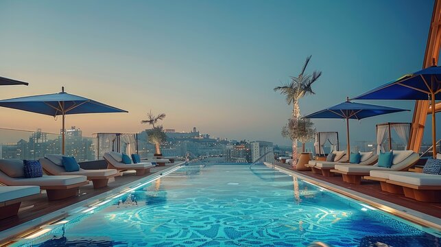 Swimming pool on roof top hotel, overlook city view, white and brown colors, sunny day. Generative AI.