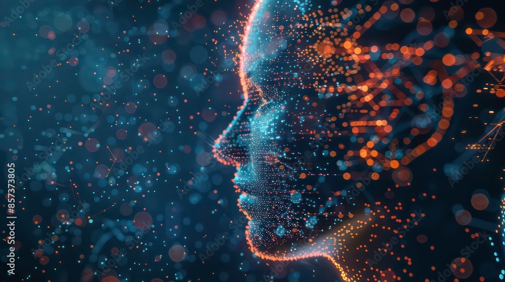 Poster digital futuristic human head concept with neural network and technology integration, showcasing art