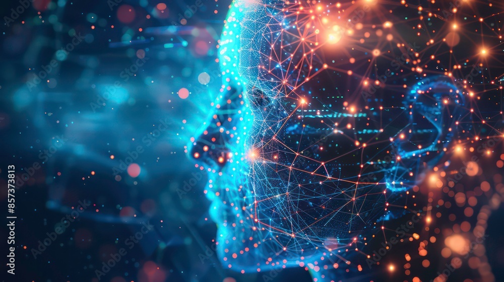 Poster digital futuristic human head concept with neural network and technology integration, showcasing art