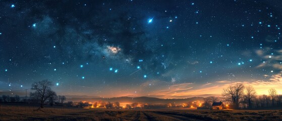 Fototapeta premium Sky filled with stars and a few scattered clouds over a desert landscape, creating a mystical and serene nighttime scene, Astrophotography, long exposure,