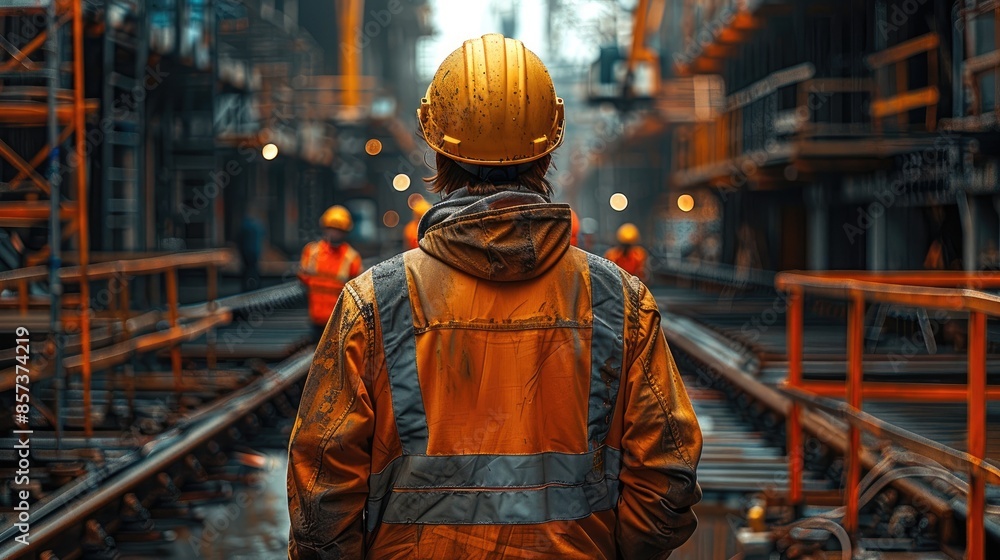 Poster at construction site, reflecting the work activity, machinery, and characteristic elements of the en