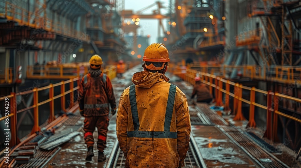 Aufkleber at construction site, reflecting the work activity, machinery, and characteristic elements of the en