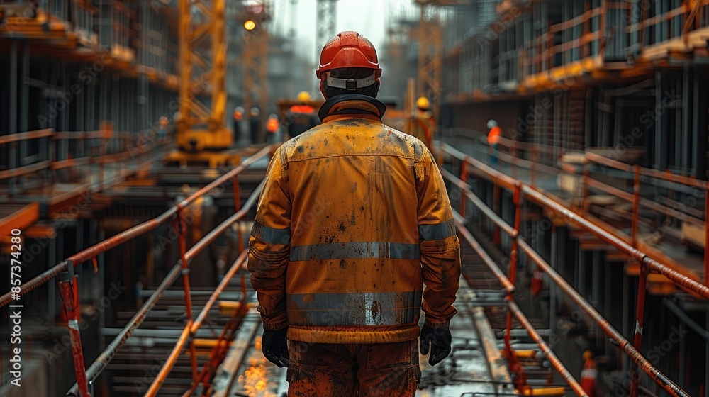 Poster at construction site, reflecting the work activity, machinery, and characteristic elements of the en