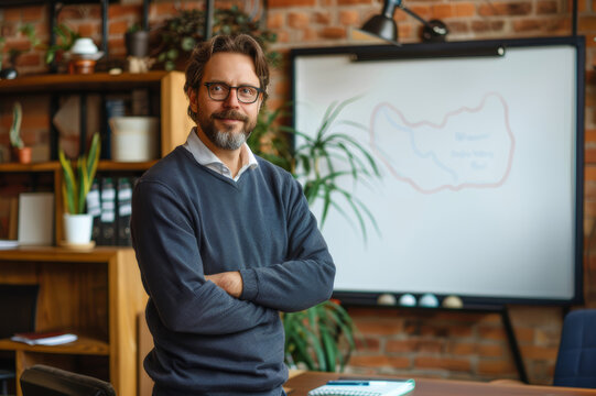 Boss in a modern office standing confidently next to a blank whiteboard, ready for brainstorming session.. AI generated.