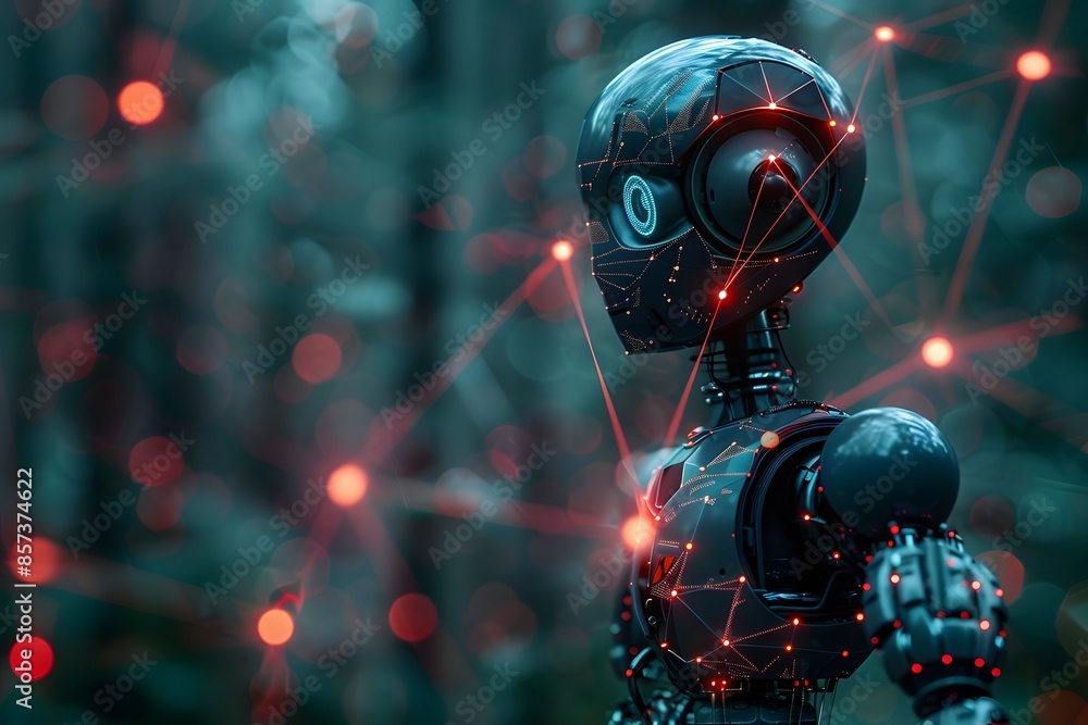 Poster close-up of robot with red lights on face